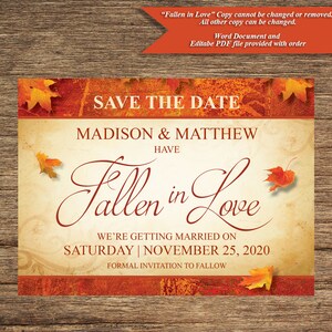 Könnte beinhalten: Save-the-Date-Karte mit Herbstthema. Die Karte ist mit Herbstblättern verziert und trägt den Text "Save the Date" in einem roten Banner. Der Text "Madison & Matthew have fallen in love" ist in Kursivschrift geschrieben. Das Datum der Hochzeit ist "Saturday | November 25, 2020".