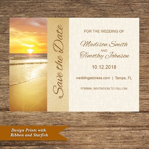Könnte beinhalten: Save the Date Karte mit einem Sonnenuntergang am Strand. Die Karte ist für die Hochzeit von Madison Smith und Timothy Johnson am 10.12.2018 in Tampa, Florida. Der Text "weddingaddress.com" und "FORMAL INVITATION TO FOLLOW" ist ebenfalls enthalten.