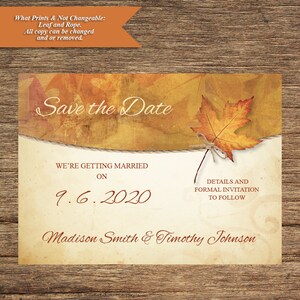 Könnte beinhalten: Save the Date Karte mit rustikalem Herbstthema. Die Karte zeigt ein braunes Seil, ein Ahornblatt und den Text "Save the Date" in einer dekorativen Schrift. Das Datum "9.6.2020" ist in Rot geschrieben. Die Namen "Madison Smith & Timothy Johnson" sind in einer kursiven Schrift geschrieben.