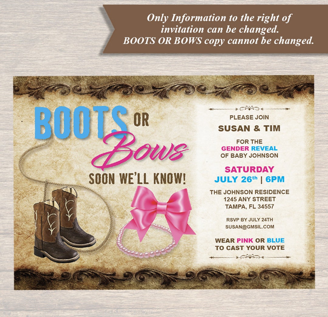 Gender Reveal Invitation Boots or Bows Bab-15-inv-digital Download - Etsy