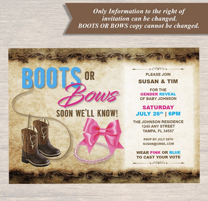 Gender Reveal Invitation Boots or Bows Bab-15-inv-digital Download - Etsy