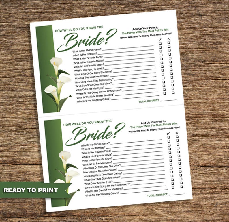 White Calla Lily Bridal Shower Games Flw02bsgdigital Etsy