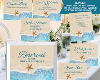 May include: Ten printable wedding signs with a beach theme. The signs are 8x10 inches and feature a sandy beach with blue waves and a starfish. The signs include "Guest Book", "Cards & Gifts", "Selfie Station", "Reserved for the Bride & Groom's Family", "Programs", "Open Bar", and "Place Headline Here".