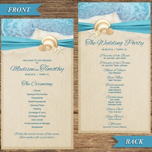 May include: A wedding ceremony program with a beach theme. The front cover features a seashell design and the text "Welcome to the Wedding of Madison and Timothy". The back cover lists the wedding party members and the officiant.