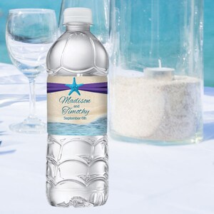 BCH_01 Beach Purple Ribbon Personalized Water Bottle Labels Editable Digital Download