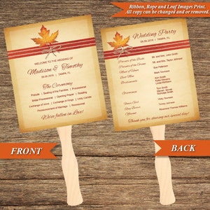 Puede incluir: Un abanico de programa de boda con un diseño rústico. La parte delantera presenta un diseño de otoño con una hoja de arce roja y naranja, una cinta marrón y el texto "Bienvenido a la boda de Madison & Timothy 09.06.2018 | Tampa, FL". La parte trasera presenta la información de la fiesta de bodas, incluidos los nombres de los padres de la novia y el novio, la dama de honor, el padrino de honor, las damas de honor, los padrinos de honor, la niña de las flores, el portador de anillos, el oficiante y el texto "Fiesta de boda 09.06.2018 | Tampa, FL".