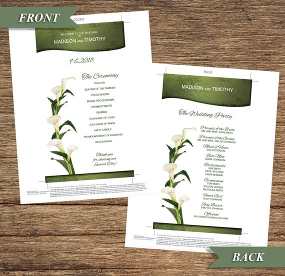 White Calla Lily Wedding Program Flw 02 Wp Digital Download Etsy