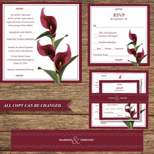 FLW-12-INV-RC- Burgundy Calla Lily Square Invitation and Square Respond Card Digital Download