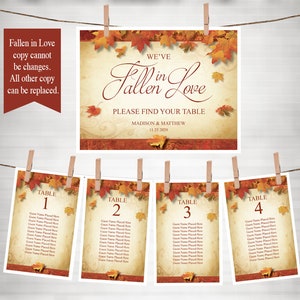 May include: Fall wedding table number cards with a rustic autumn theme. The cards feature a brown background with orange and red leaves and the text "Table 1", "Table 2", "Table 3", and "Table 4".