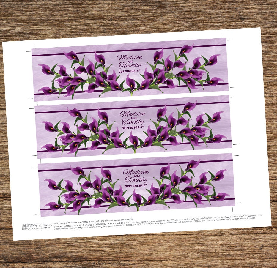 Calla Lily Water Bottle Labels Flw01wbldigital Download Etsy