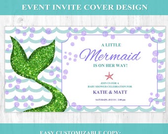 Könnte beinhalten: Eine Babyparty-Einladung mit Meerjungfrauen-Motiv. Das Design zeigt eine grüne Glitzer-Meerjungfrauenschwanzflosse, einen lila Seestern und den Text "A Little Mermaid Is On Her Way!". Die Einladung ist für Katie & Matt.