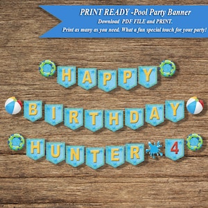 KB-10-PPB-Kids Birthday Pool Party Banner Decorations Ready to Print Digital Download