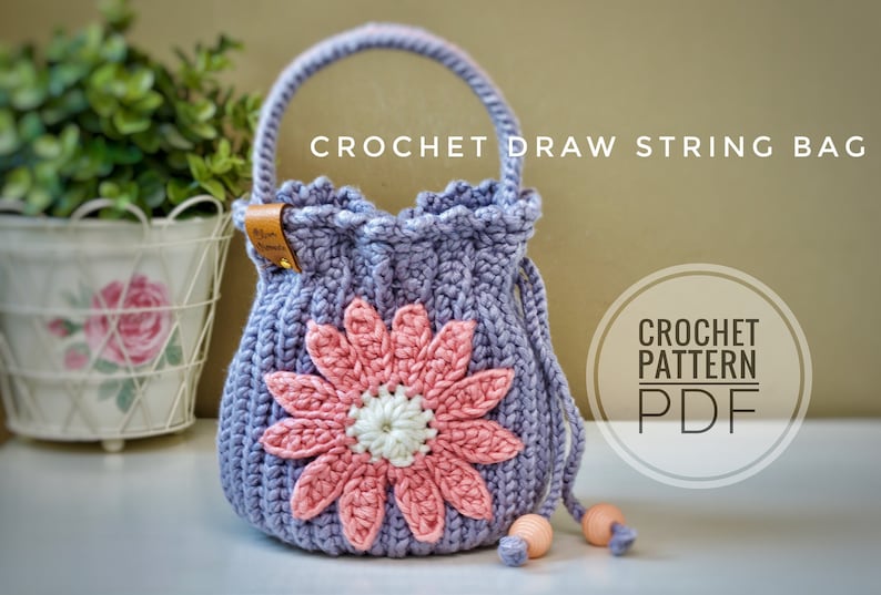 Crochet drawstring bag Pattern PDF, Crochet bag Pattern, handmade drawstring image 1