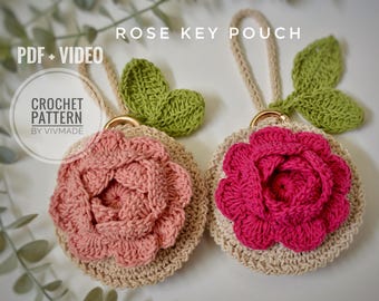 Crochet pouch tutorial (PDF+Video) | Crochet Pattern Rose Pouch | Crochet pouch Pattern | Crochet Key Pouch | Video tutorial.