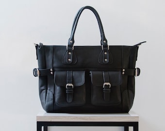 DIANA - Leather tote bag with pockets, BLACK leather diaper bag, leather shopping bag, leather bag for teachers, genuine leather bag