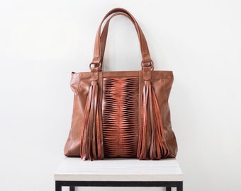 NADIA - Fringe leather tote bag, tobacco tote bag, leather boho bag, tassel bag, genuine leather bag, leather tote women, women gift