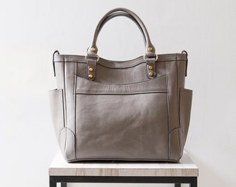 TANYA - Tote con tasche laterali - Borsa tote in pelle, zaino convertibile in pelle, zaino tote in pelle, borsa in pelle grigia