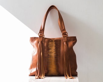 NADIA - Fringe Leather Tote Bag, dark tan tote bag, leather boho bag, tassel bag, genuine leather bag, leather tote women, women gift