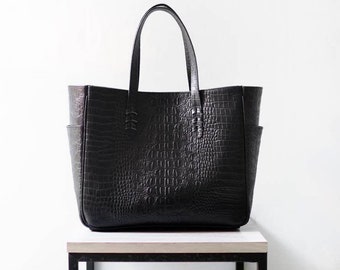 Ana Tote Bag - Embossed Croco Pattern Tote Bag, Diaper Bag, Leather Tote, Leather Shopper Bag, Black Croco Pattern