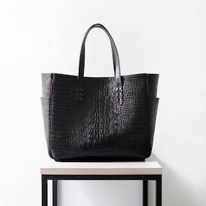 Ana Tote Bag Embossed Croco Pattern Tote Bag, Diaper Bag, Leather Tote, Leather Shopper Bag, Black Croco Pattern image 1