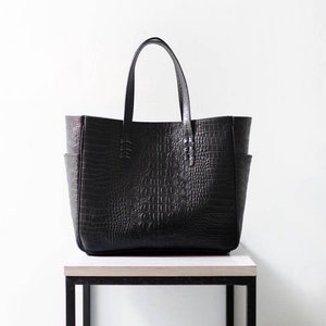Ana Tote Bag - Embossed Croco Pattern Tote Bag, Diaper Bag, Leather Tote, Leather Shopper Bag, Black Croco Pattern