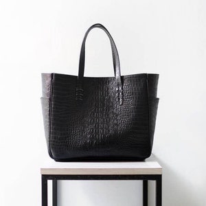 Ana Tote Bag Embossed Croco Pattern Tote Bag, Diaper Bag, Leather Tote, Leather Shopper Bag, Black Croco Pattern image 1