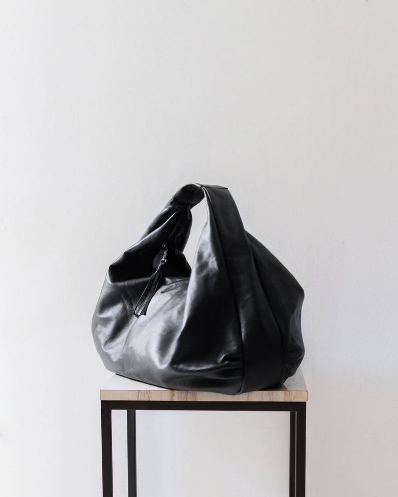 BLACK Large hobo Bag, soft leather hobo bag, soft lambskin hobo bag, hobo bag large, leather shoulder bag, genuine leather hobo bag image 2