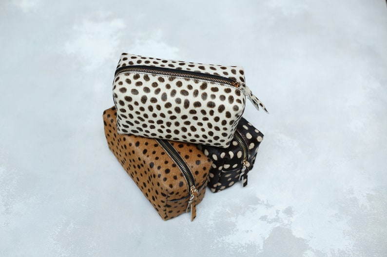 Leopard make up bag, leopard print leather make up case, leopard calf hair zipper pouch, leather toiletry bag, dopp kit, travel makeup case image 9