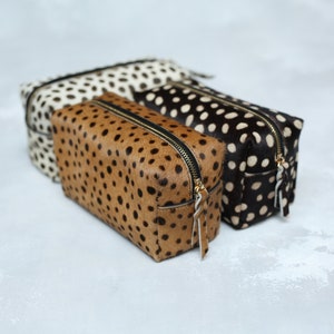 Leopard make up bag, leopard print leather make up case, leopard calf hair zipper pouch, leather toiletry bag, dopp kit, travel makeup case image 10