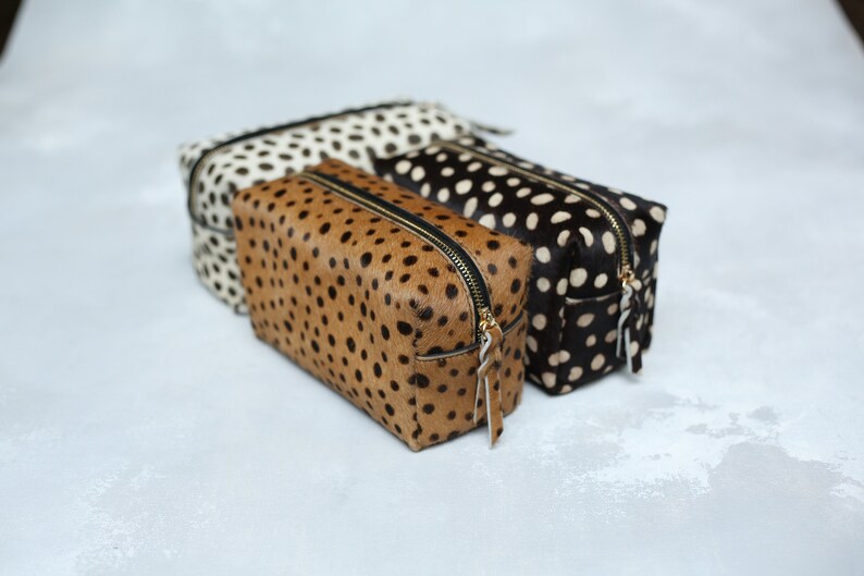 Leopard make up bag, leopard print leather make up case, leopard calf hair zipper pouch, leather toiletry bag, dopp kit, travel makeup case image 10