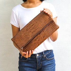 Classic Brown - CROCO embossed leather clutch, Genuine leather clutch, fold over clutch, animal print clutch, croco leather clutch image 1