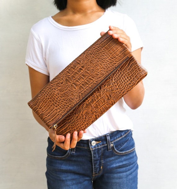 Classic Brown - CROCO embossed leather clutch, Genuine leather clutch, fold over clutch, animal print clutch, croco leather clutch