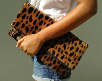 Brown Square Leopard Printed Clutch Purse Zipper Envelope Handbags