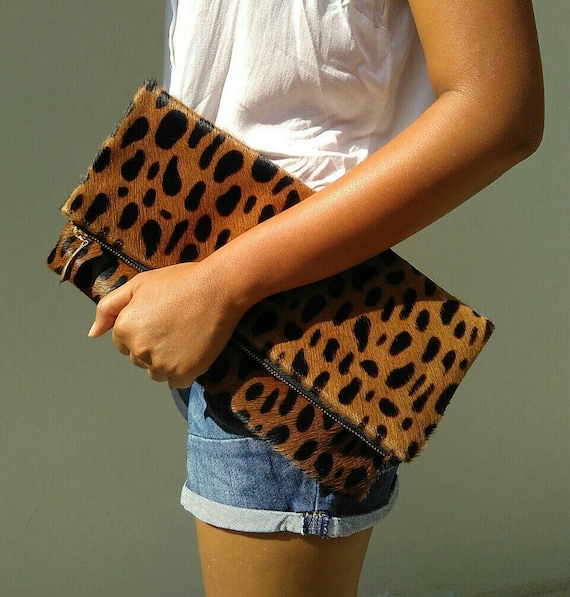 Hair on Leather Foldover Clutch White and Black Cheetah