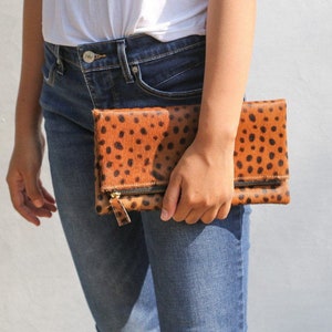 Leopard clutch, Genuine leather, leopard fold over clutch, leopard print clutch, leopard leather clutch, leather clutch, leopard purse women image 3