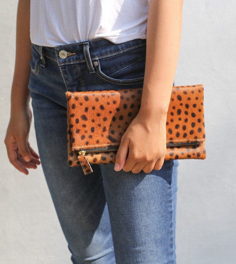 Leopard clutch, Genuine leather, leopard fold over clutch, leopard print clutch, leopard leather clutch, leather clutch, leopard purse women image 3