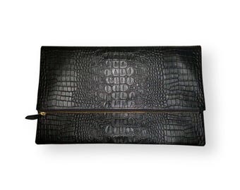 Black - CROCO embossed leather clutch, Genuine leather clutch, fold over clutch, animal print clutch, croco leather clutch