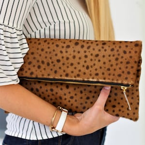 Leopard clutch, Genuine leather, leopard fold over clutch, leopard print clutch, leopard leather clutch, leather clutch, leopard purse women image 2