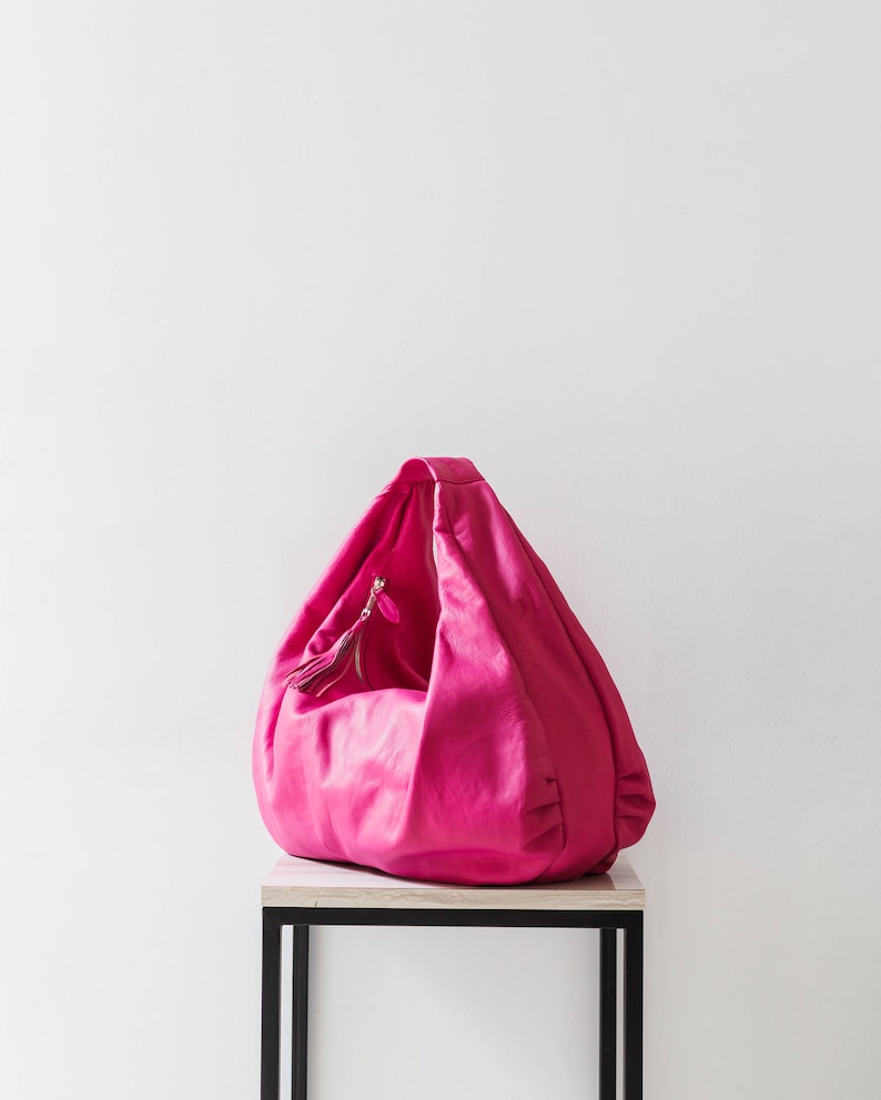 BRIGHT PINK Large hobo Bag, soft leather hobo bag, soft lambskin hobo bag, hobo bag large, leather shoulder bag, genuine leather hobo bag image 2