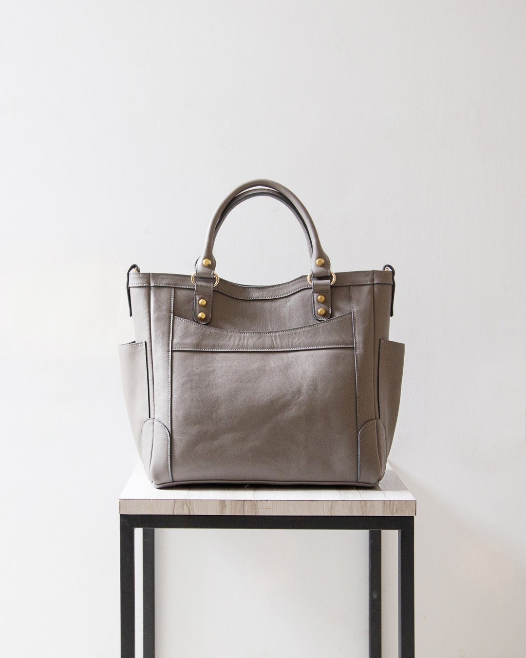 TANYA Tote With Side Pockets Leather Tote Bag, Leather Convertible ...