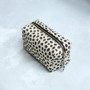 Leopard make up bag, leopard print leather make up case, leopard calf hair zipper pouch, leather toiletry bag, dopp kit, travel makeup case