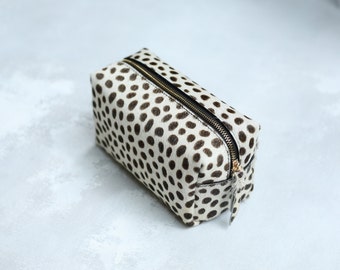 Leopard make up bag, leopard print leather make up case, leopard calf hair zipper pouch, leather toiletry bag, dopp kit, travel makeup case