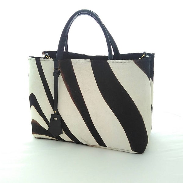 ZEBRA - calf hair handbag, zebra handbag, zebra tote bag, animal print tote bag, animal print handbag, women's bag, zebra white-black