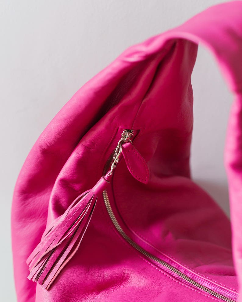 BRIGHT PINK Large hobo Bag, soft leather hobo bag, soft lambskin hobo bag, hobo bag large, leather shoulder bag, genuine leather hobo bag image 3