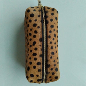 Leopard make up bag, leopard print leather make up case, leopard calf hair zipper pouch, leather toiletry bag, dopp kit, travel makeup case image 7