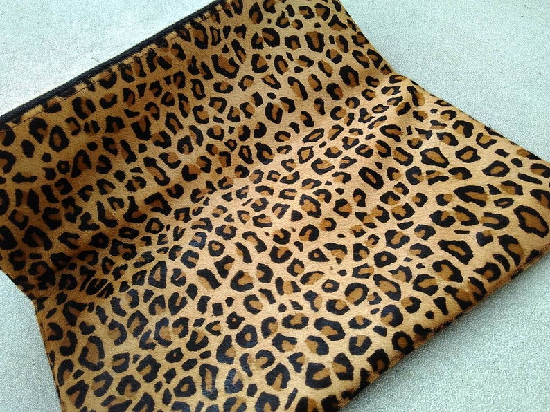 Cheetah camel, Leopard fold over clutch, leopard print leather clutch, calf hair zipper clutch, leather clutch, cow hide leather clutch image 4