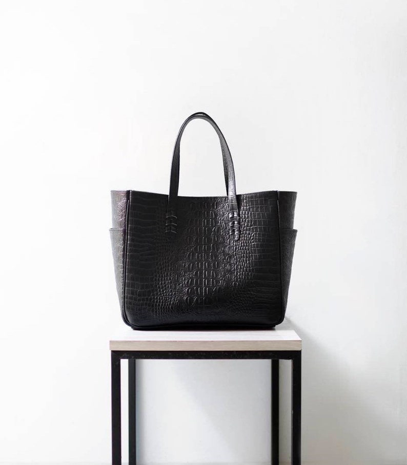 Ana Tote Bag Embossed Croco Pattern Tote Bag, Diaper Bag, Leather Tote, Leather Shopper Bag, Black Croco Pattern image 1