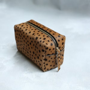 Leopard make up bag, leopard print leather make up case, leopard calf hair zipper pouch, leather toiletry bag, dopp kit, travel makeup case image 2