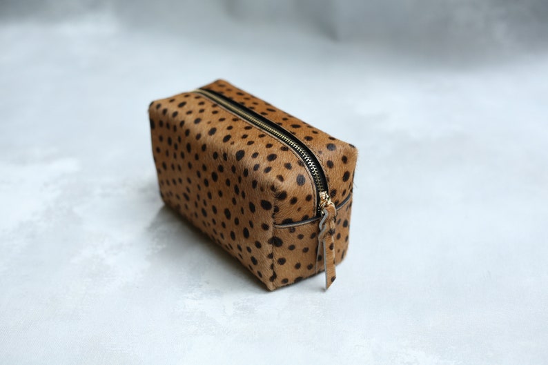 Leopard make up bag, leopard print leather make up case, leopard calf hair zipper pouch, leather toiletry bag, dopp kit, travel makeup case image 2