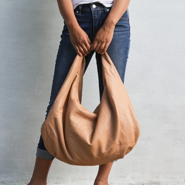 LIGHT TAN - Large hobo Bag, soft leather hobo bag, soft lambskin hobo bag, hobo bag large, leather shoulder bag, genuine leather hobo bag